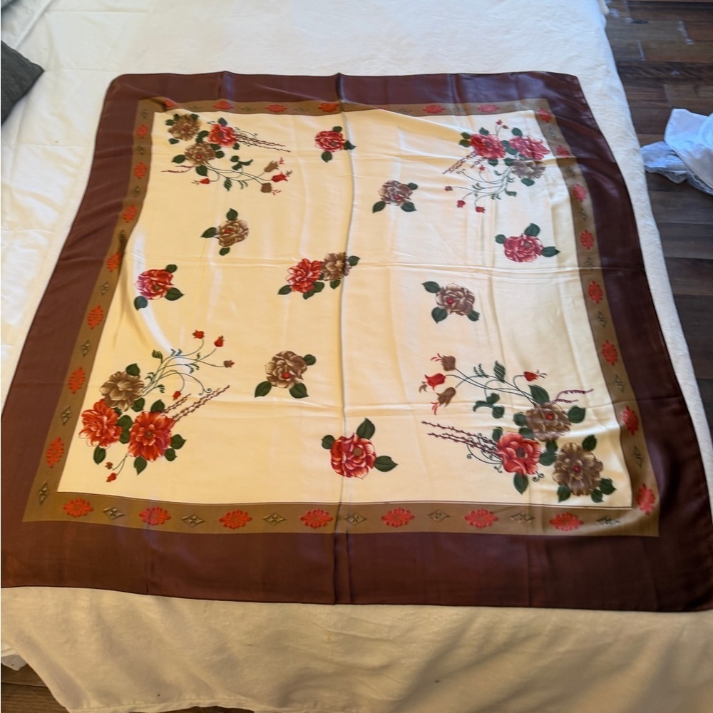 Large vintage 1960s Floral Square Scarf with Brown Border